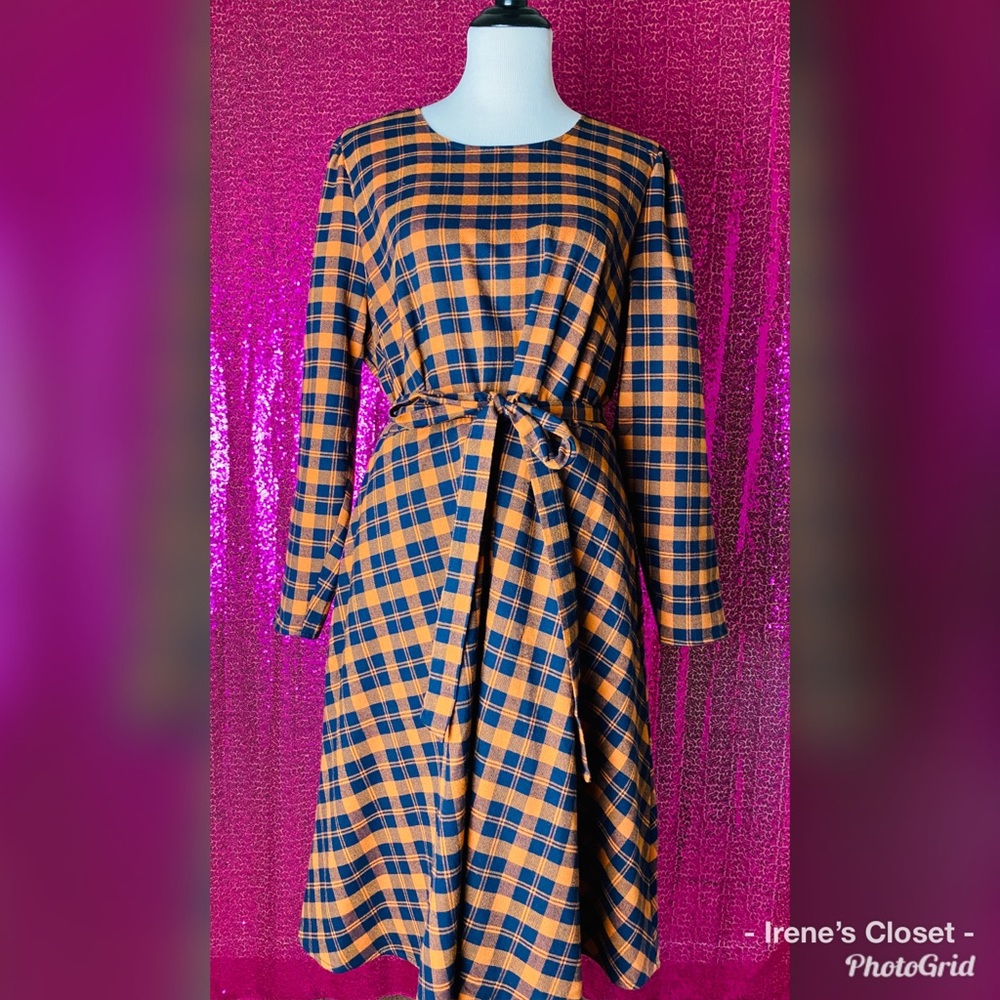 Eloquii Plaid Long Sleeve Fit and Flare Dress